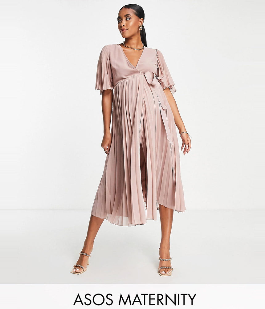 Maternity exclusive pleated midi dress with kimono sleeve and tie waist