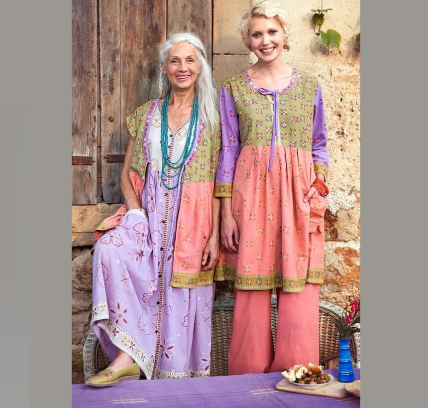 Older woman wearing a boho style dress