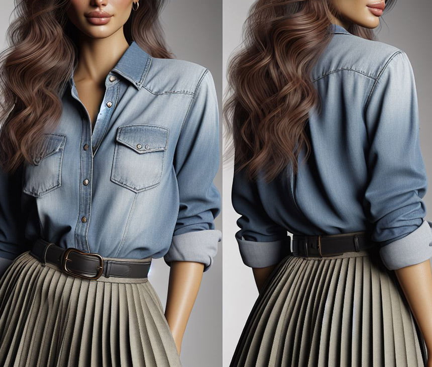 modern denim shirt with a vintage pleated skirt